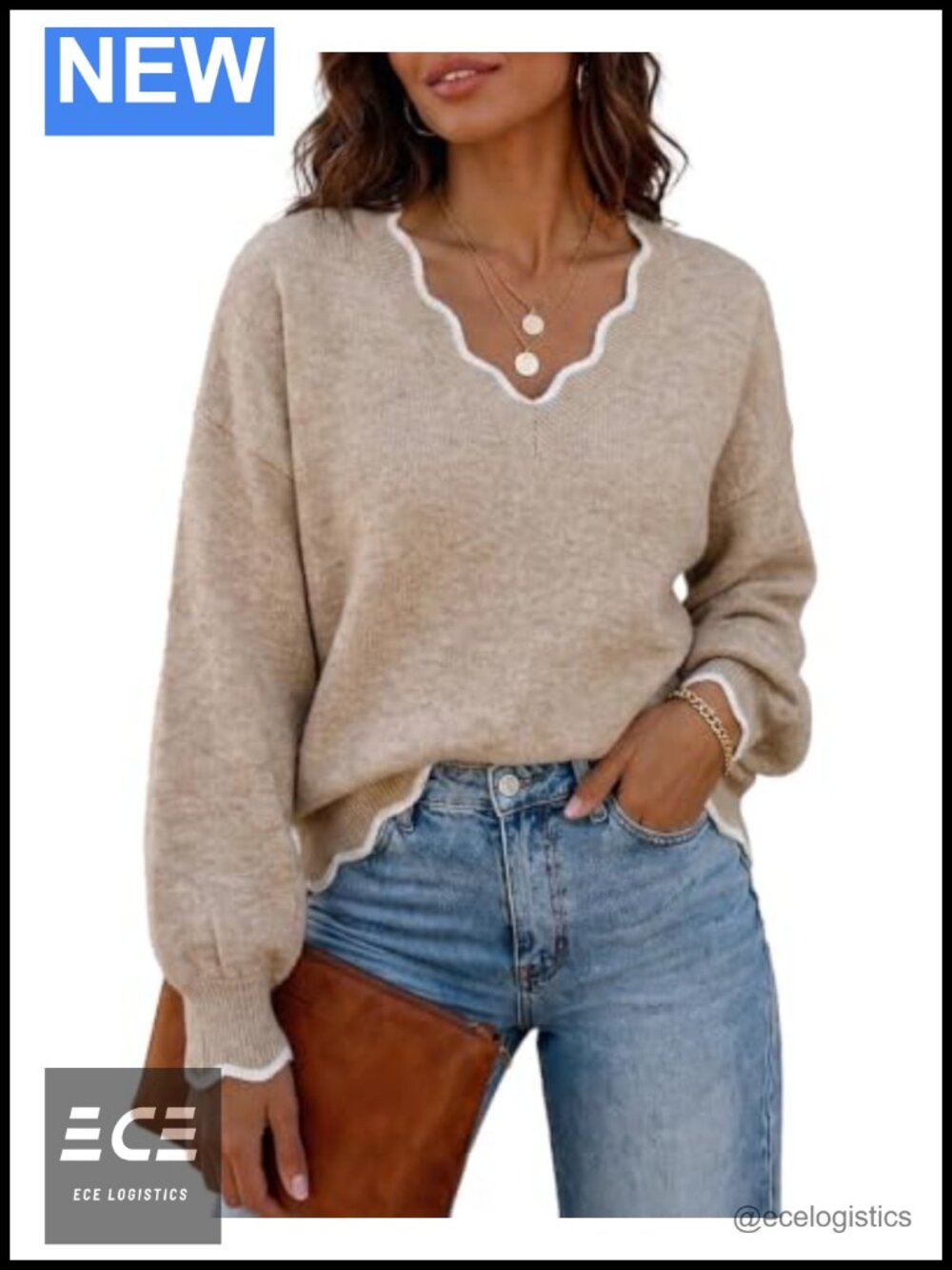Women's V-Neck Sweater Pullover Loose Lantern-Sleeve Lightweight Knit Top